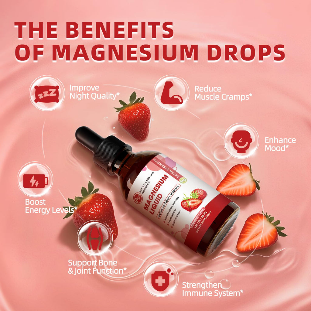 (3 Pack) Magnesium Glycinate Liquid Drops - High Absorption, Strawberry Flavor