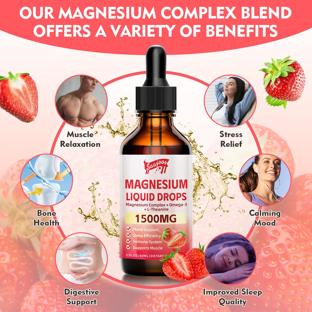 2 Pack Magnesium Glycinate Liquid Drops 1500mg – Strawberry Flavor, B6/D3, L-Theanine, Omega-3 | 4 Oz