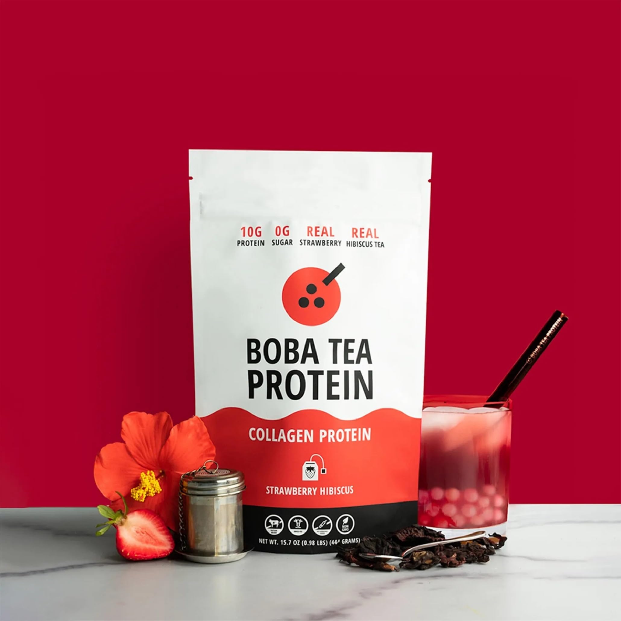 Strawberry Hibiscus Collagen Powder – Grass-Fed, 30 Servings