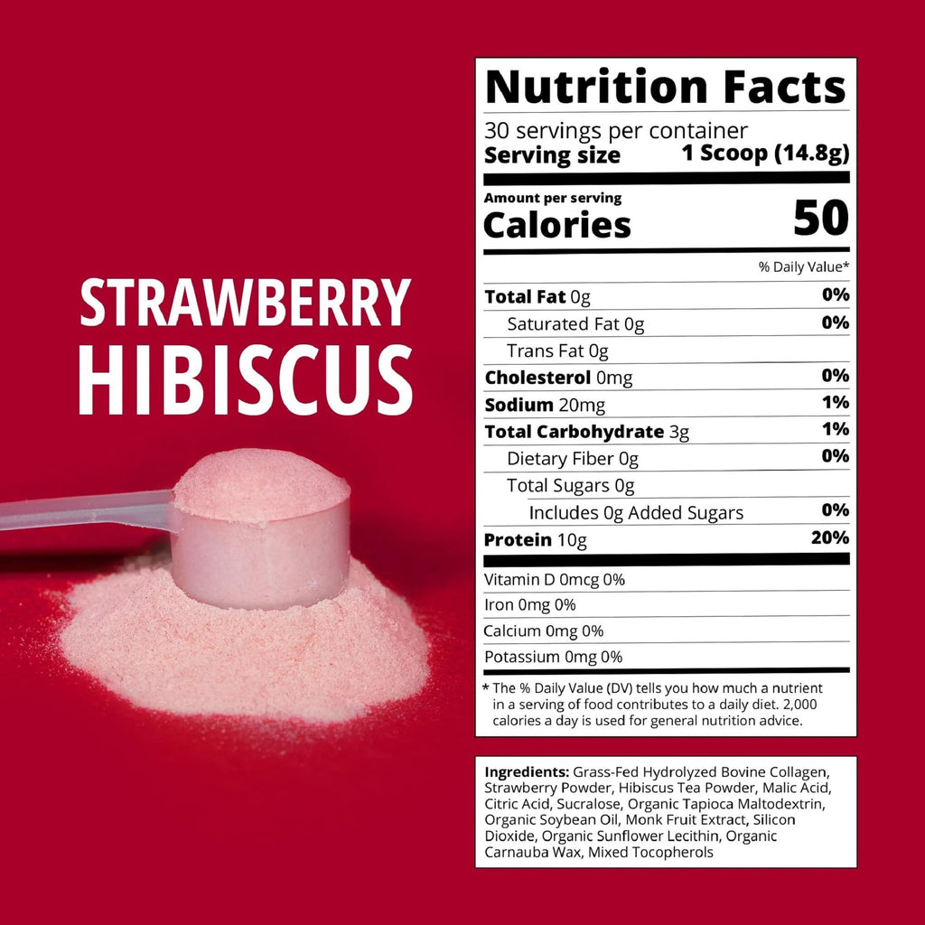 Strawberry Hibiscus Collagen Powder – Grass-Fed, 30 Servings