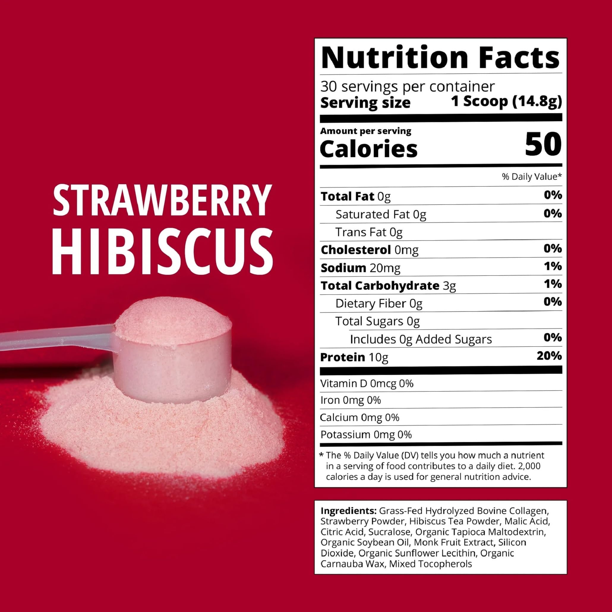 Strawberry Hibiscus Collagen Powder – Grass-Fed, 30 Servings