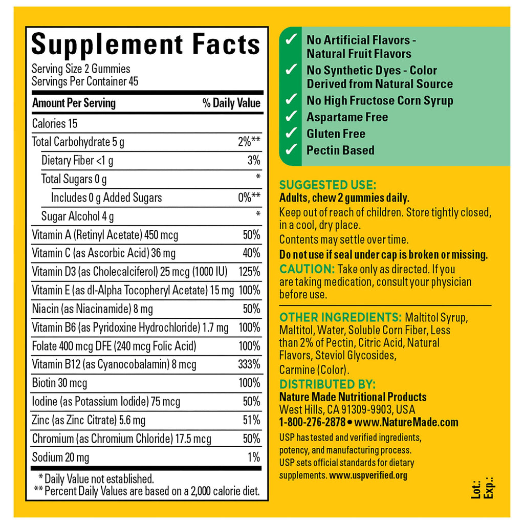 Nature Made Zero Sugar Multivitamin Gummies – 90 Count (45 Day) – Men & Women
