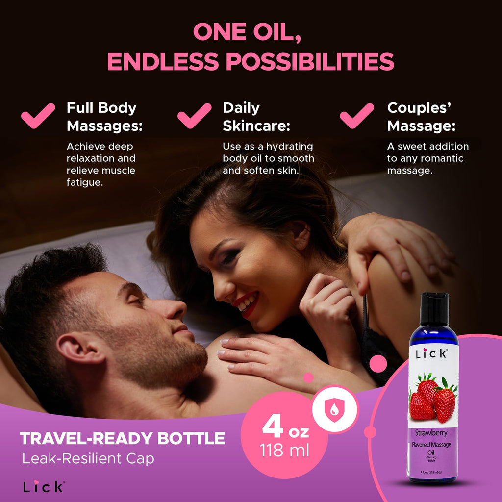 Lick Strawberry Massage Oil with Natural Vitamin E - Aromatherapy & Moisturizing 4 oz
