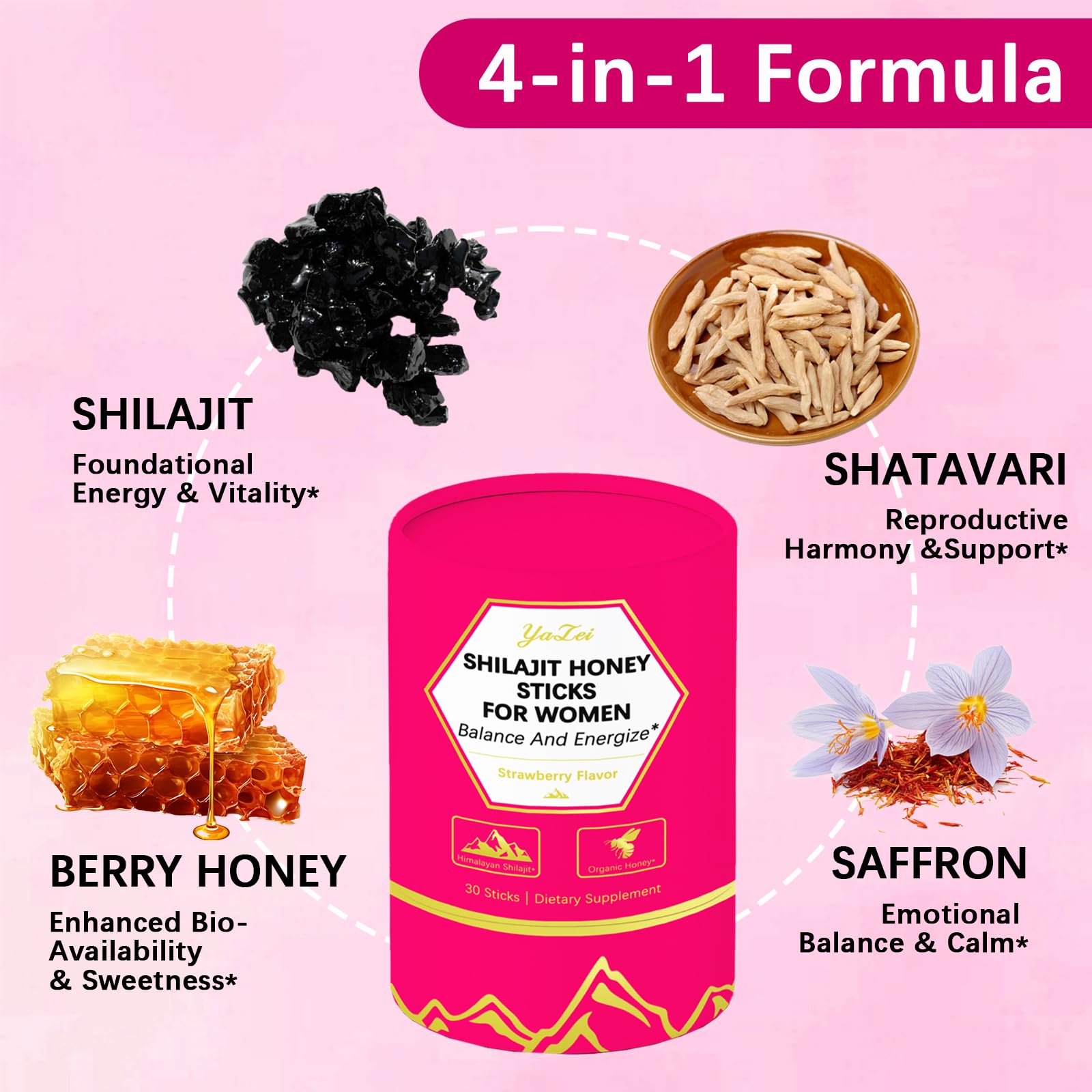 Strawberry Shilajit Honey Sticks for Women – Saffron, Shatavari Extract & Shilajit Resin, 30 Sticks, Energy & Hormone Balance