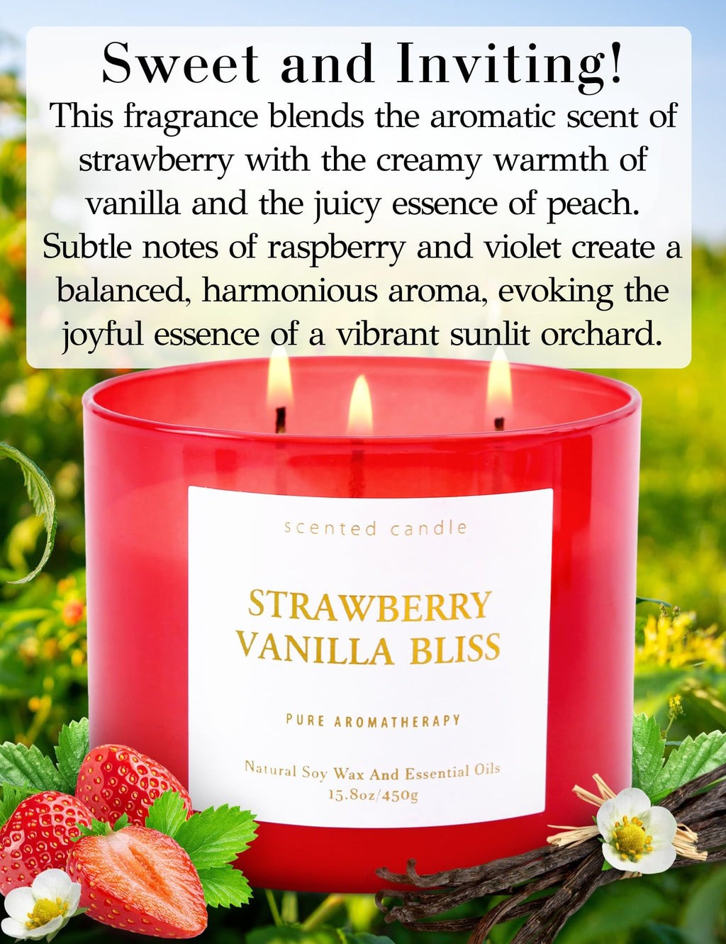Strawberry Vanilla Bliss 3-Wick Soy Candle – 15.8 oz | Relaxing Home Aromatherapy