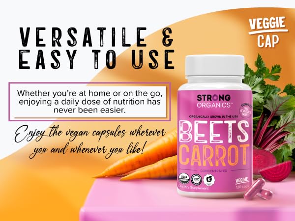 Strong Organics Beet & Carrot Capsules – Nitric Oxide Booster | USA Grown, 120 Vegan Caps