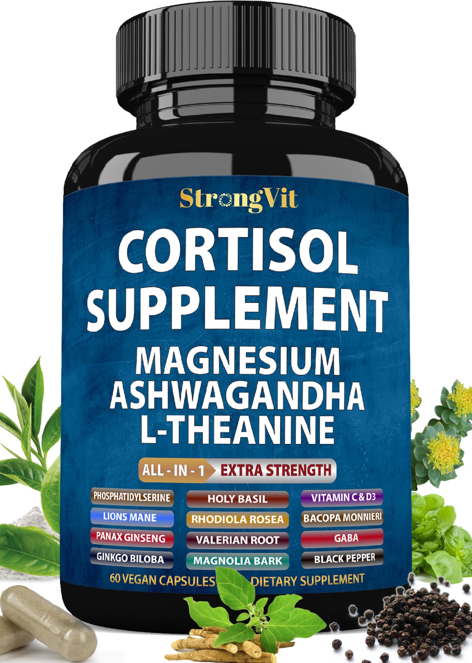 StrongVit Cortisol Supplements for Women and Men with Magnesium, Ashwagandha & L-Theanine | Sleep Support, Stress Relief & Cortisol Management USA