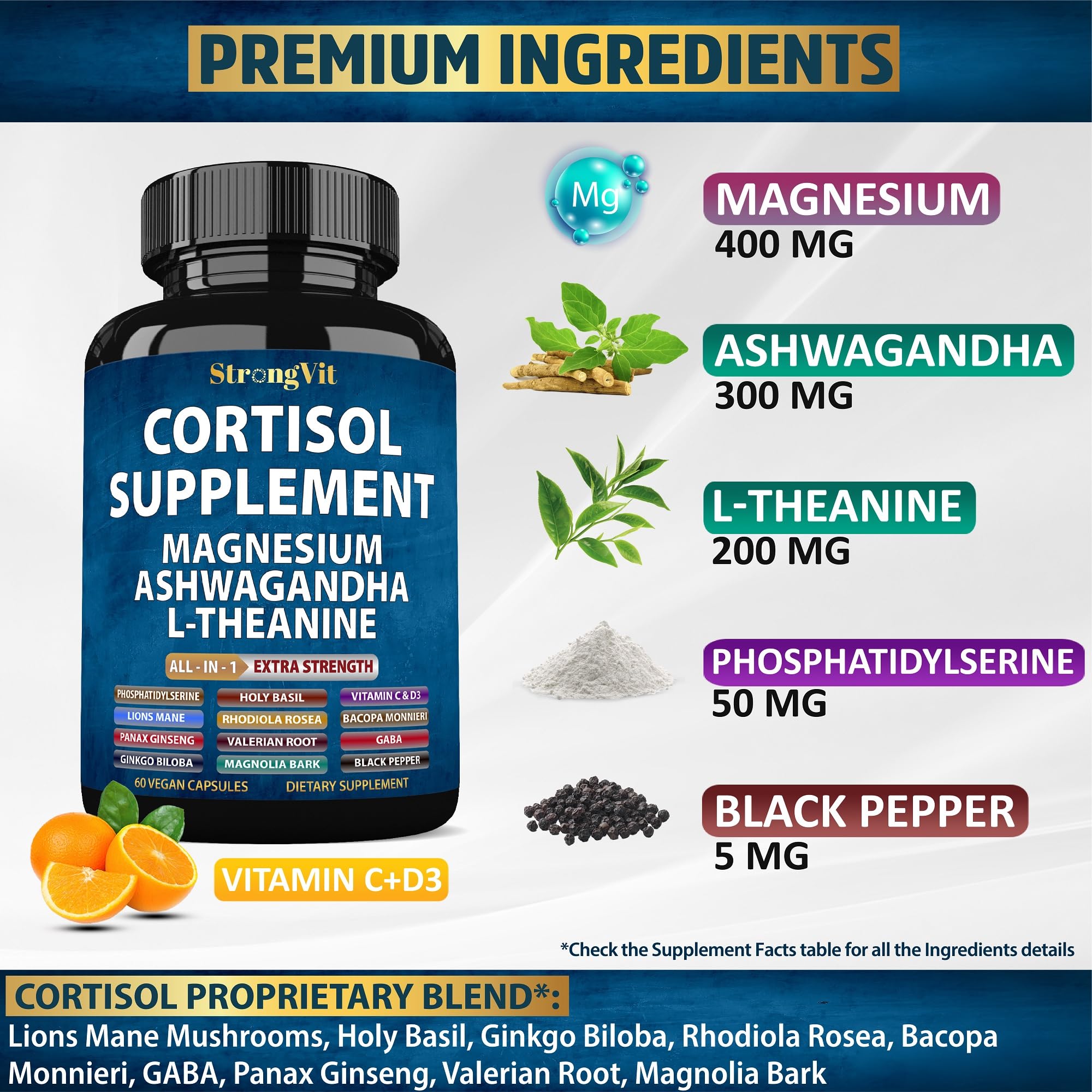 StrongVit Cortisol Supplements for Women and Men with Magnesium, Ashwagandha & L-Theanine | Sleep Support, Stress Relief & Cortisol Management USA