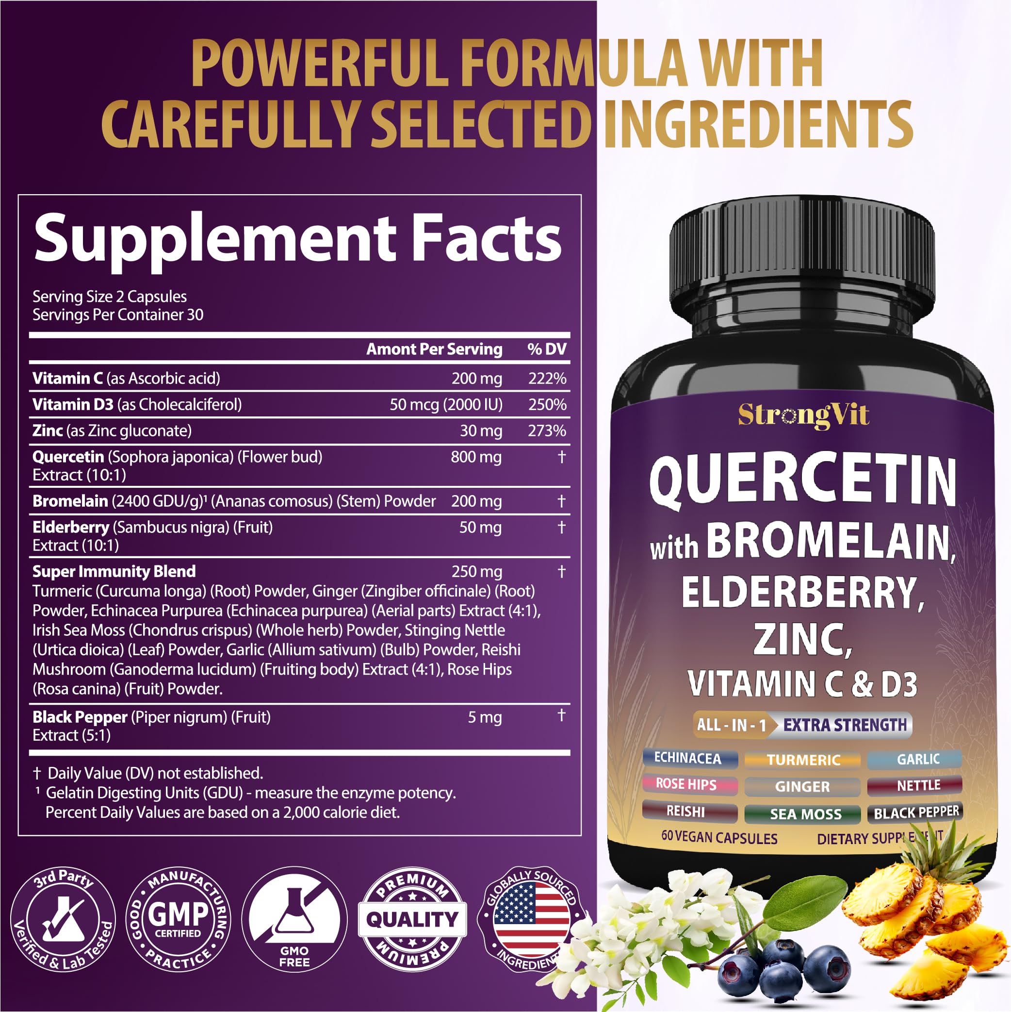 StrongVit Quercetin with Bromelain – Immune Support Supplement (Vegan, Non-GMO, Gluten-Free, USA)