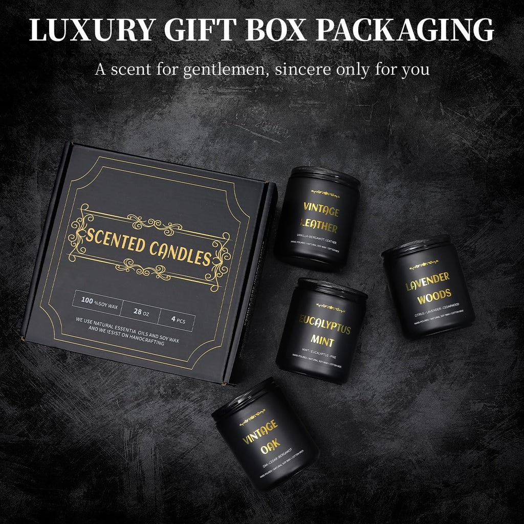 Men's Scented Candles - 4 Pack Soy Candles (28oz, 200h) Leather, Oak, Lavender & Eucalyptus
