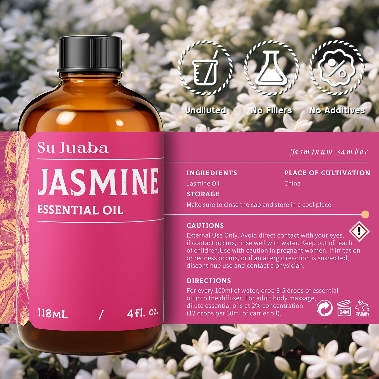 SU JUABA Jasmine Essential Oil 4 oz (118 ml) - 100% Pure Aromatherapy, Skin & Hair Care