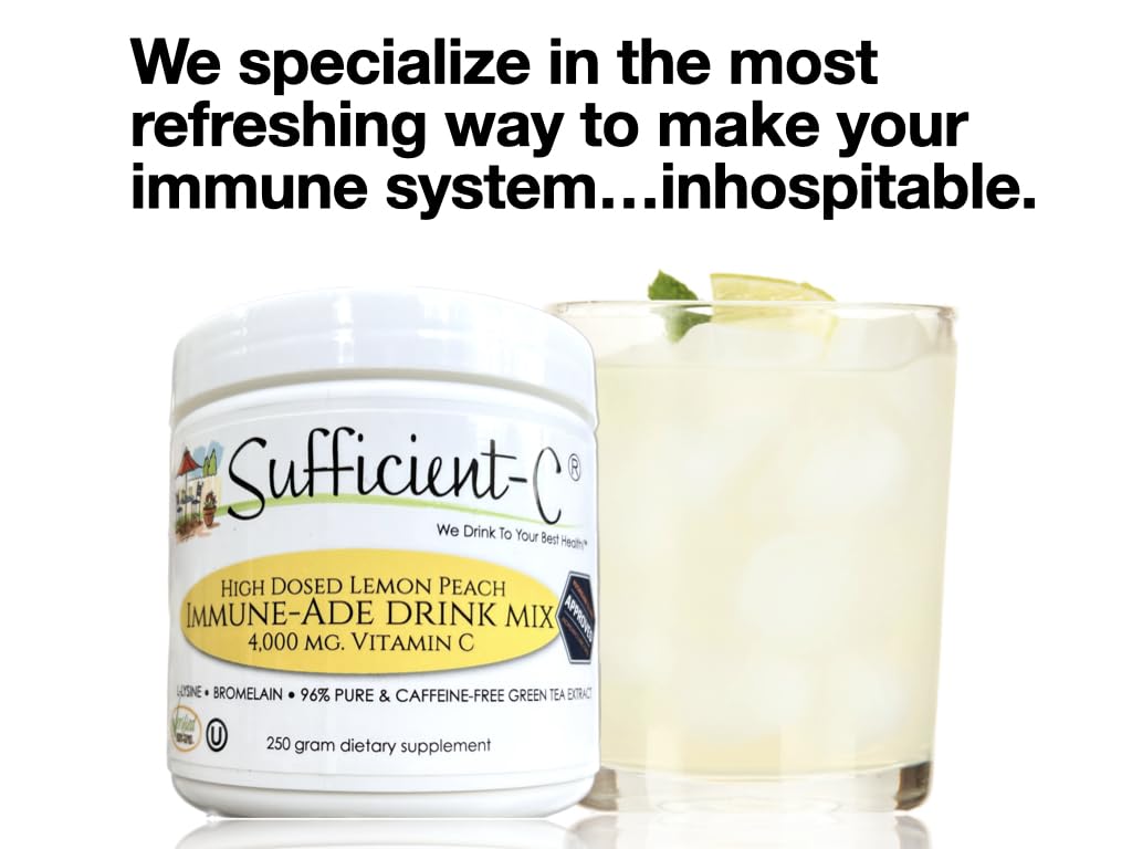 Sufficient-C High Dose Non-GMO Vitamin C - Lemon Peach Immune-Ade Drink Mix 250g (2 Pack)