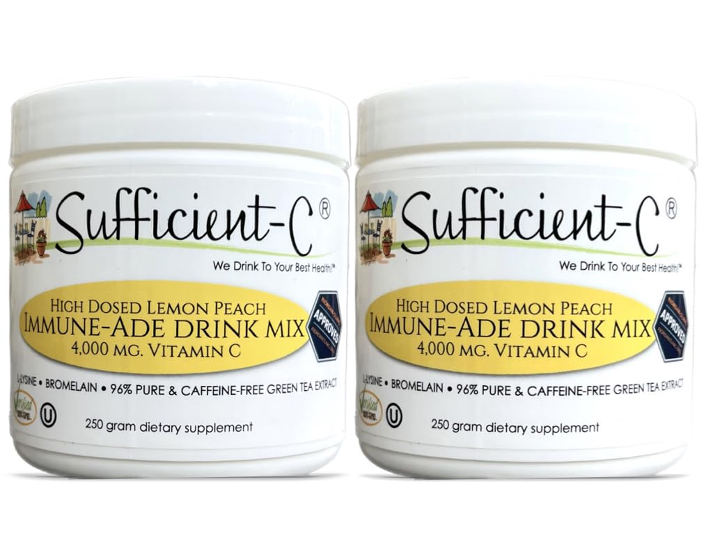 Sufficient-C High Dose Non-GMO Vitamin C - Lemon Peach Immune-Ade Drink Mix 250g (2 Pack)