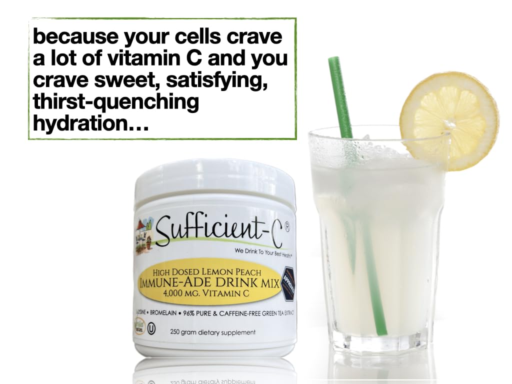 Sufficient-C High Dose Non-GMO Vitamin C - Lemon Peach Immune-Ade Drink Mix 250g (2 Pack)