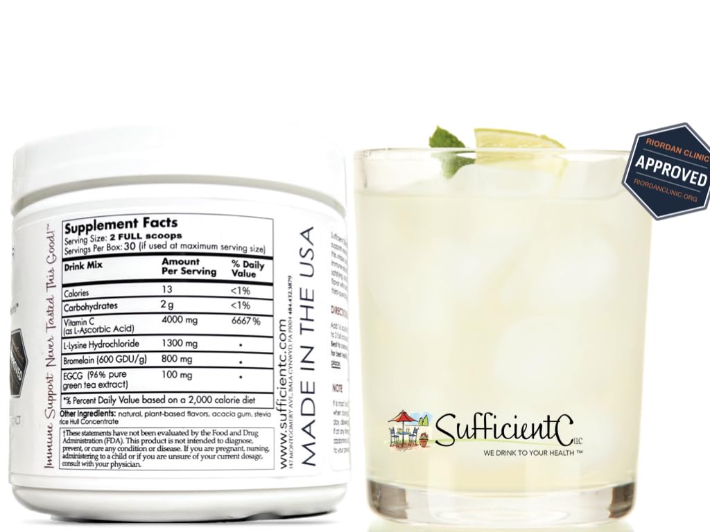 Sufficient-C High Dose Non-GMO Vitamin C - Lemon Peach Immune-Ade Drink Mix 250g (2 Pack)