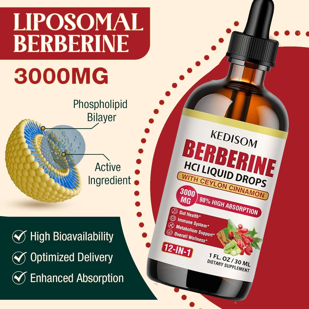 12-in-1 Berberine Liquid Drops – 2 Fl Oz, 3000mg Liposomal Berberine HCL with Cinnamon & Turmeric