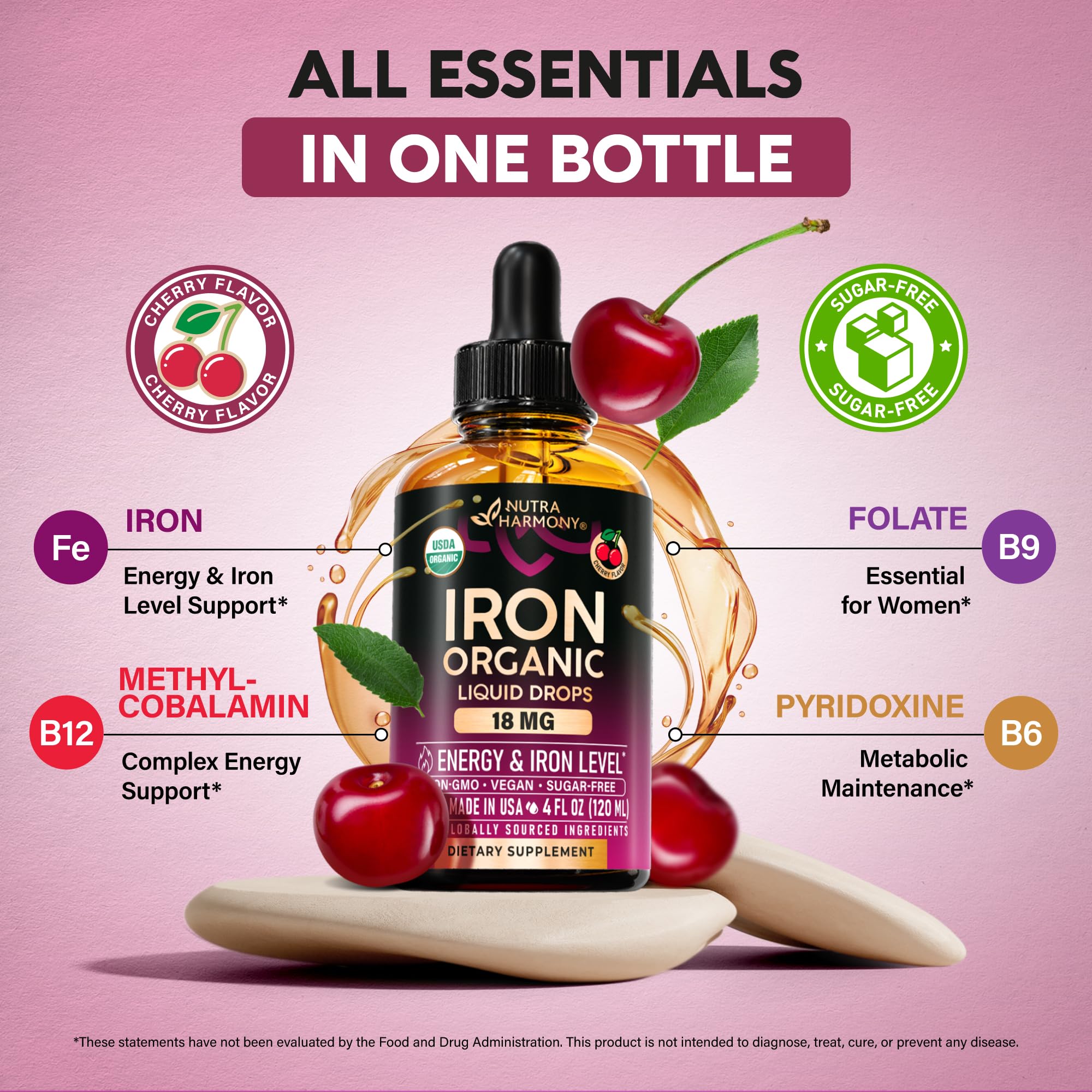 Liquid Iron Drops for Women 18 mg – USDA Organic, USA-Made, Cherry Flavor