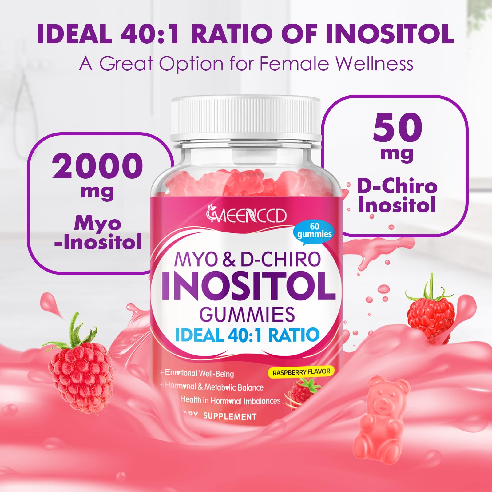 2-Pack Myo-Inositol and D-Chiro Inositol Gummies – 40:1 Ratio, Raspberry Flavor, 120 Count