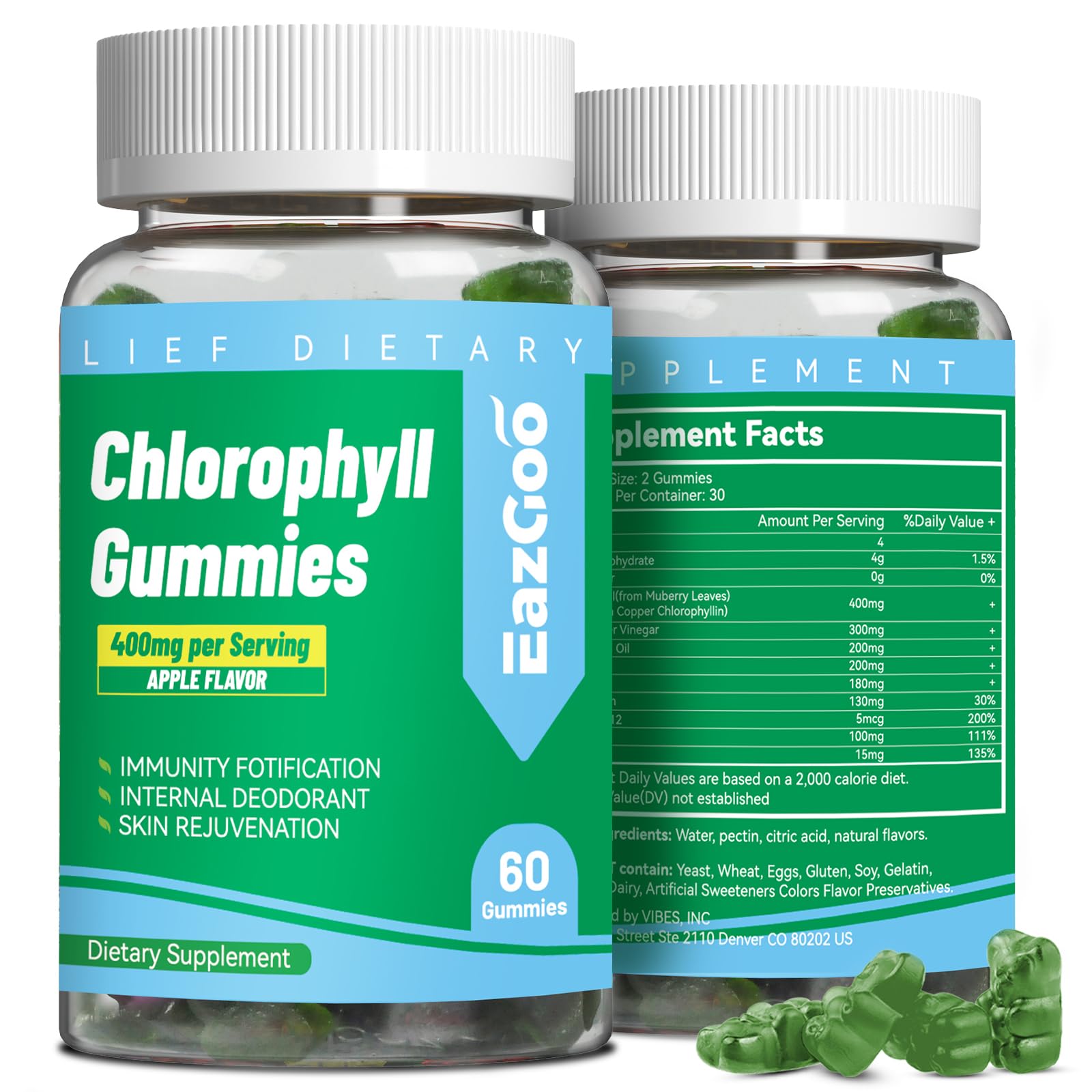 Sugar Free Chlorophyll Gummies with Vitamin B12 & Zinc – Detox, Immune & Digestion Support (60 Count) | Women