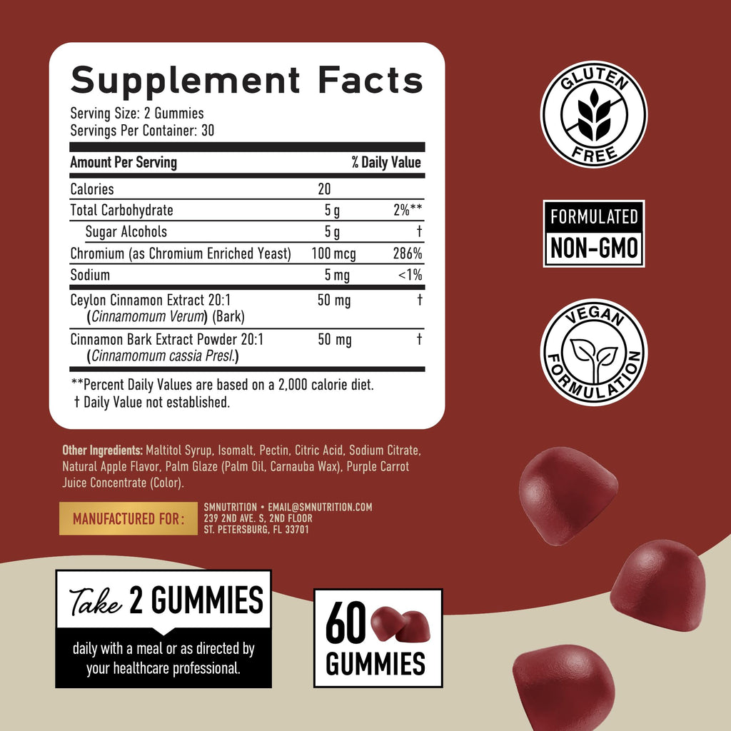 Sugar-Free Cinnamon Gummies 2000MG – Ceylon & Cassia Cinnamon Complex | Vegan, Gluten-Free | 60 Gummies