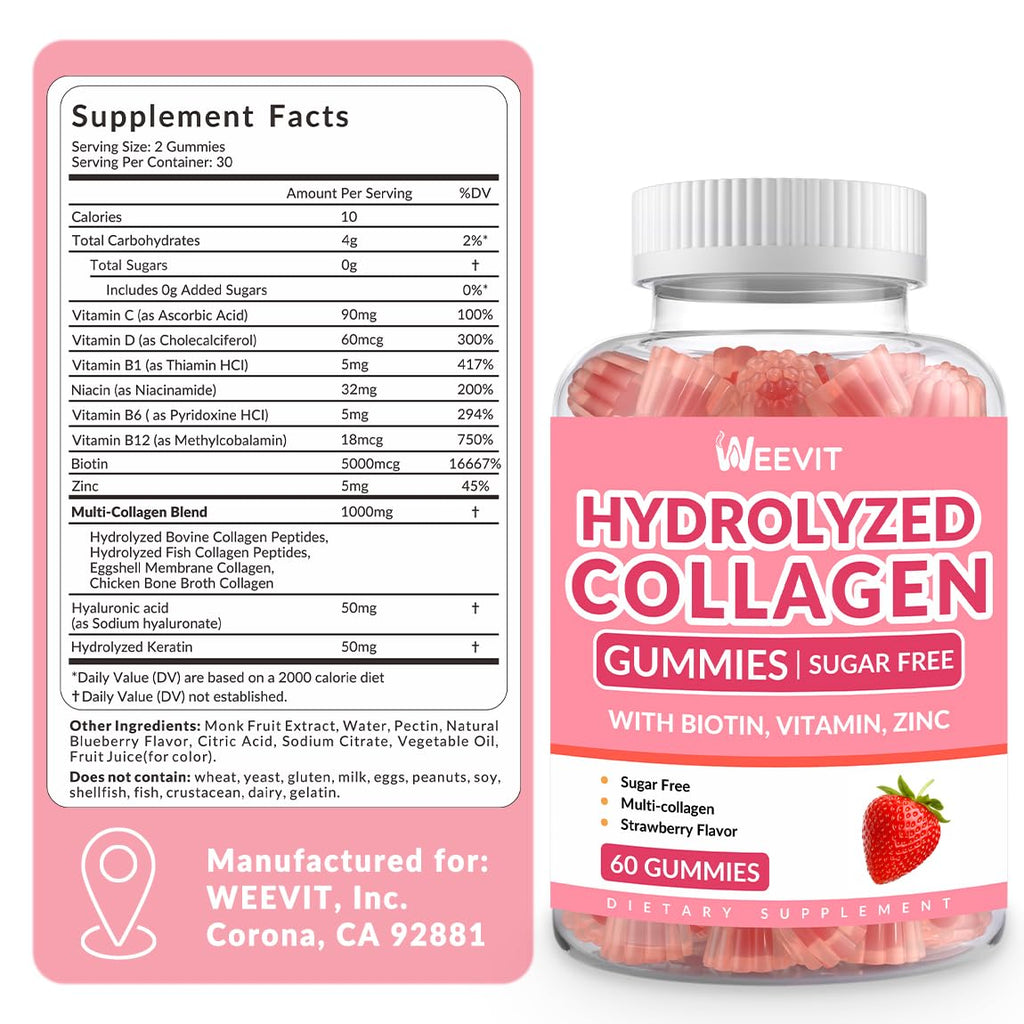 Sugar Free Collagen Gummies for Women – Multi-Collagen I II III V X + Biotin & Vitamins