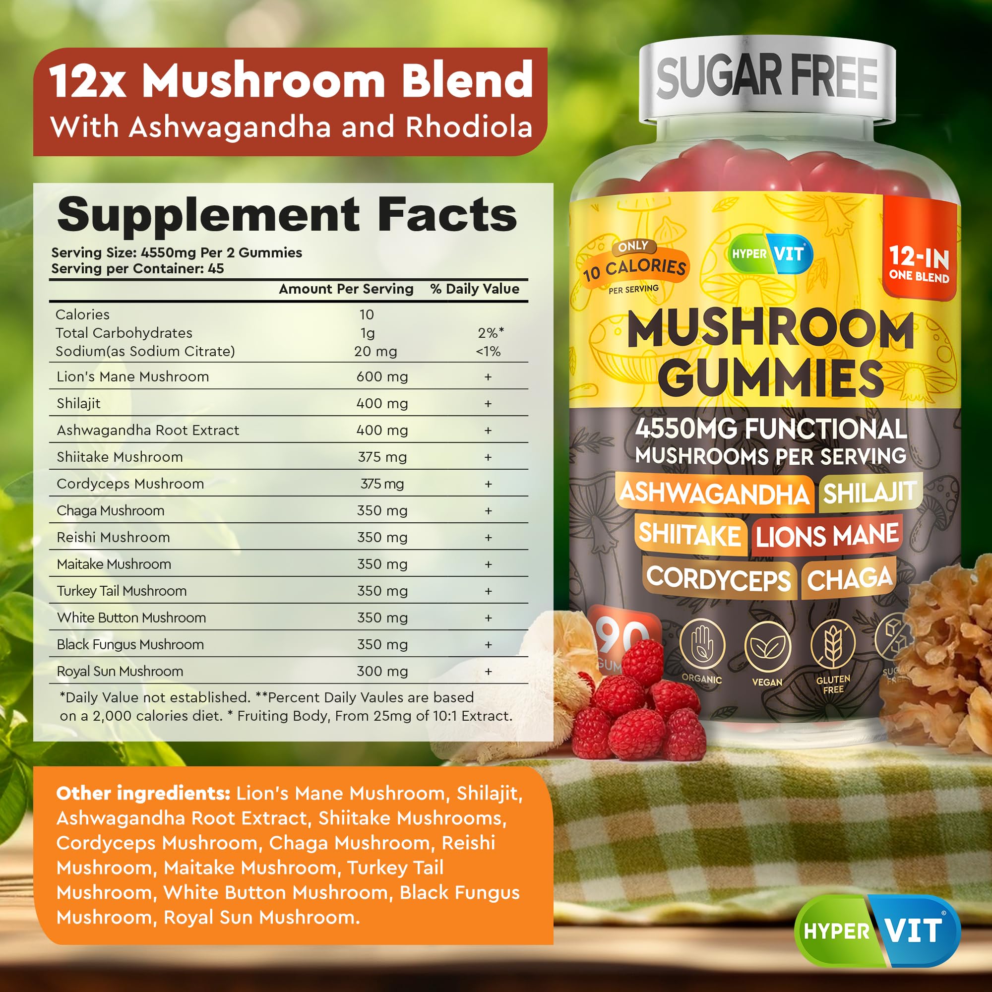 12in1 Mushroom Gummies 4550mg with Ashwagandha & Shilajit – Sugar Free, 90 Count (45 Servings) | Energy & Focus