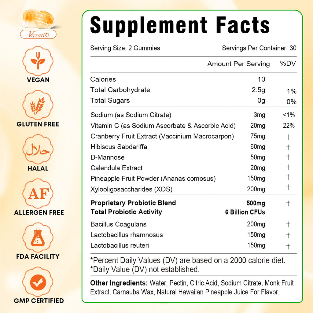 Sugar Free Feminine Balance Gummies for Women – Pineapple Flavor, pH Balance & Flora Support – Vegetarian Friendly – 60 Count
