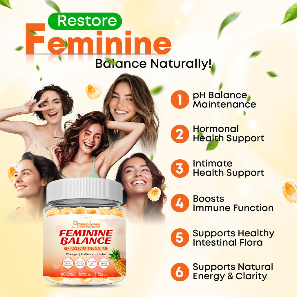 Sugar Free Feminine Balance Gummies for Women – Pineapple Flavor, pH Balance & Flora Support – Vegetarian Friendly – 60 Count