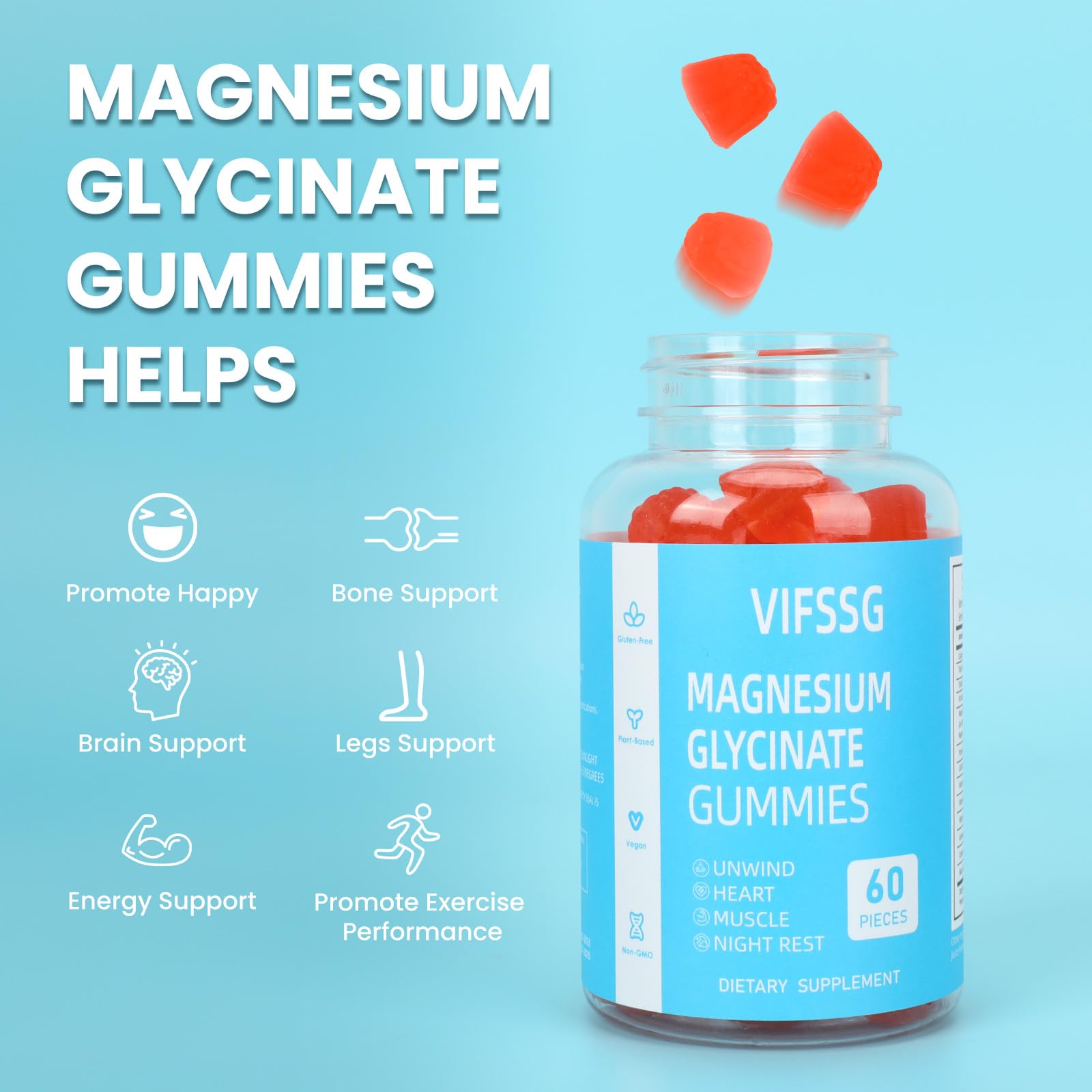 Magnesium Glycinate Gummies 400mg + 200mg L-Threonate – Sugar Free, Vegan, 60 Count