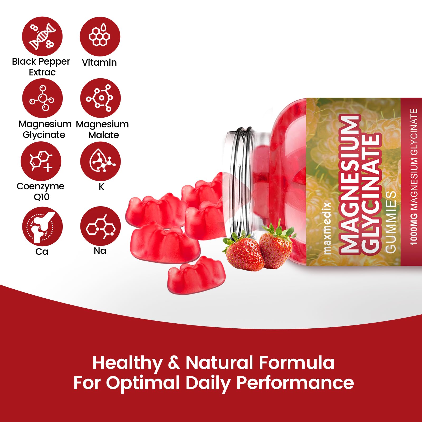 Magnesium Glycinate Gummies 1000mg – Sugar Free Sleep Support | 90 Strawberry Gummies