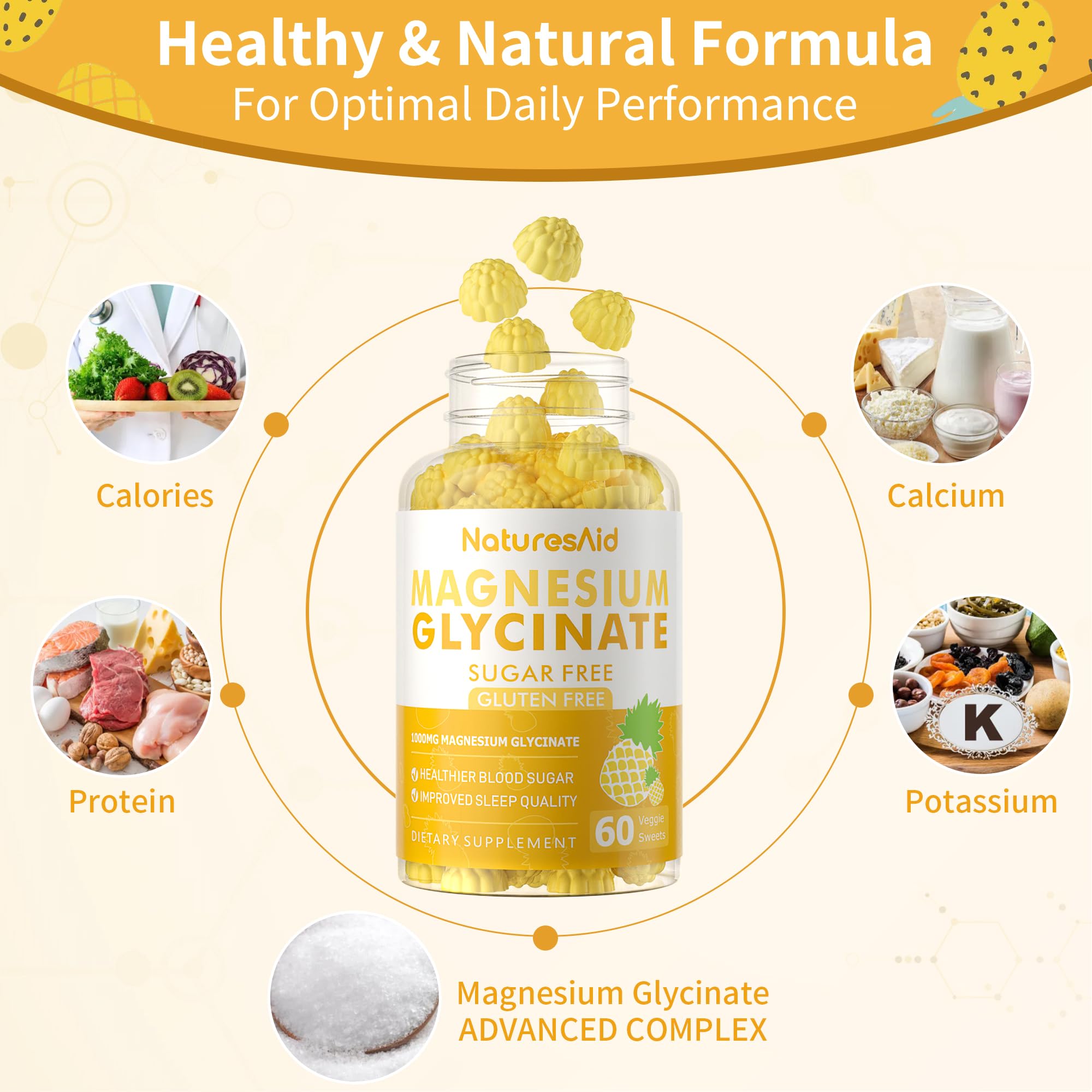 Nature's Aid Magnesium Glycinate Gummies 1000mg – Sugar-Free Pineapple Gummies with Vitamin D, B6 & CoQ10 (120 each, 2 Pack)