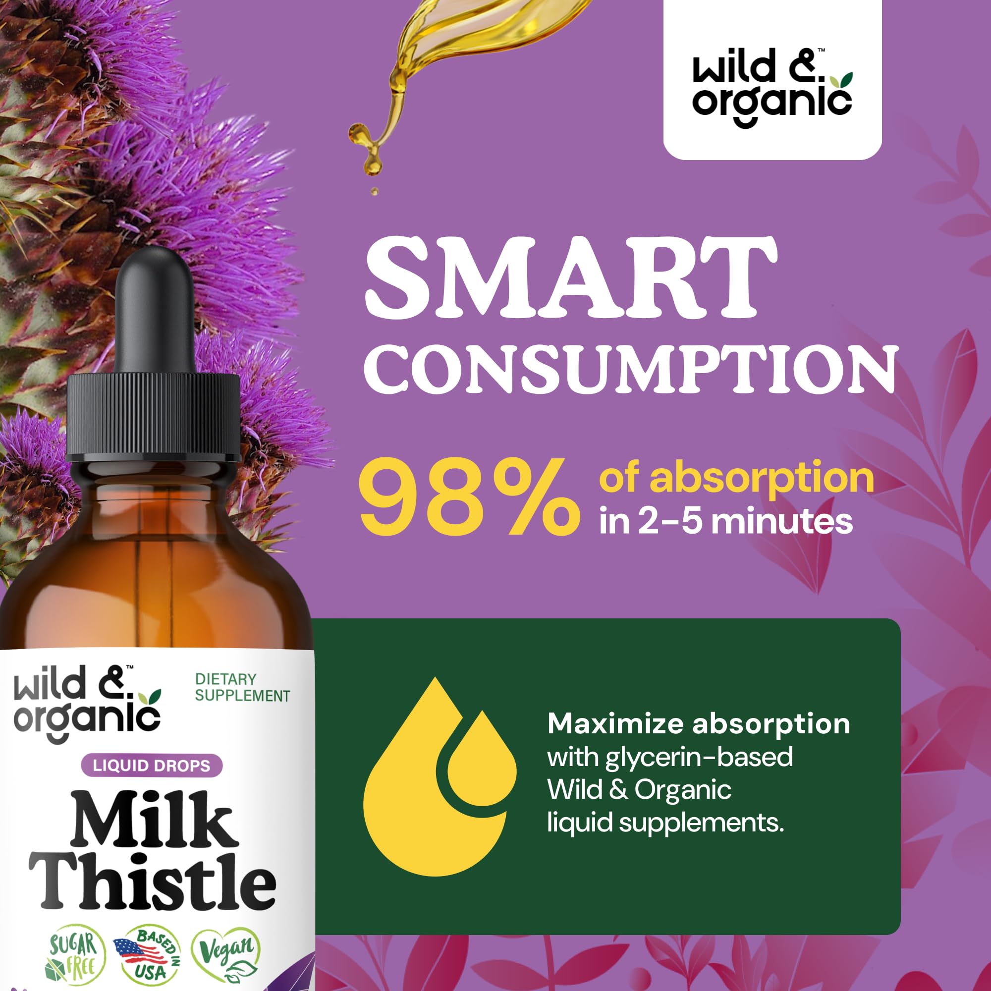 Wild & Organic Milk Thistle Liquid Drops - Liver Cleanse Detox - Silymarin Milk Thistle Supplement for Liver Support - Silybum Marianum Seed Extract Tincture - Vegan, Sugar & Alcohol-Free - 4 fl oz