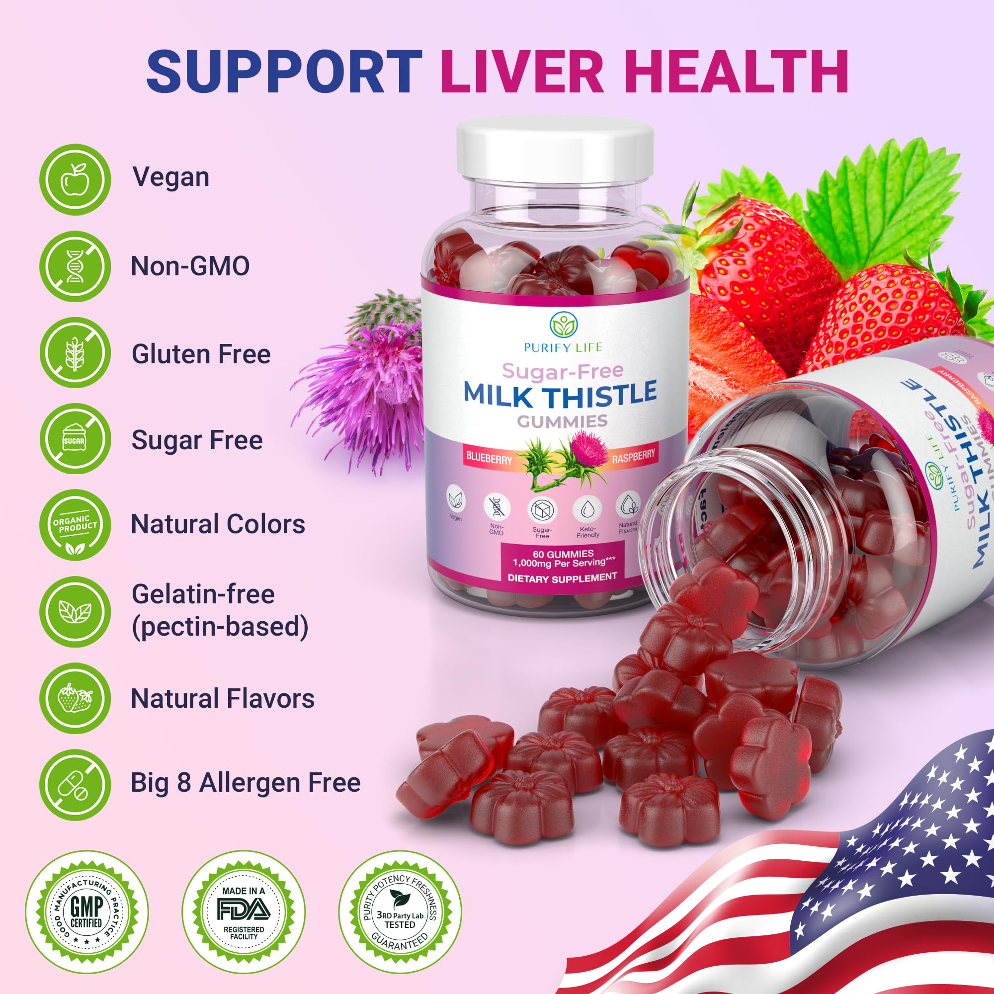 Sugar-Free Milk Thistle Gummies for Liver Detox & Repair – Blueberry-Raspberry Flavor (Vegan Cardo Mariano)