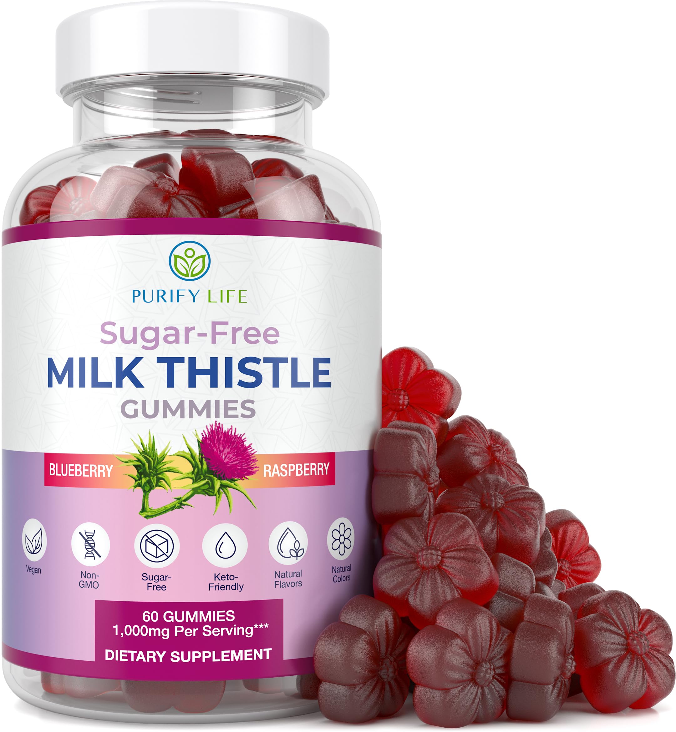 Sugar-Free Milk Thistle Gummies for Liver Detox & Repair – Blueberry-Raspberry Flavor (Vegan Cardo Mariano)