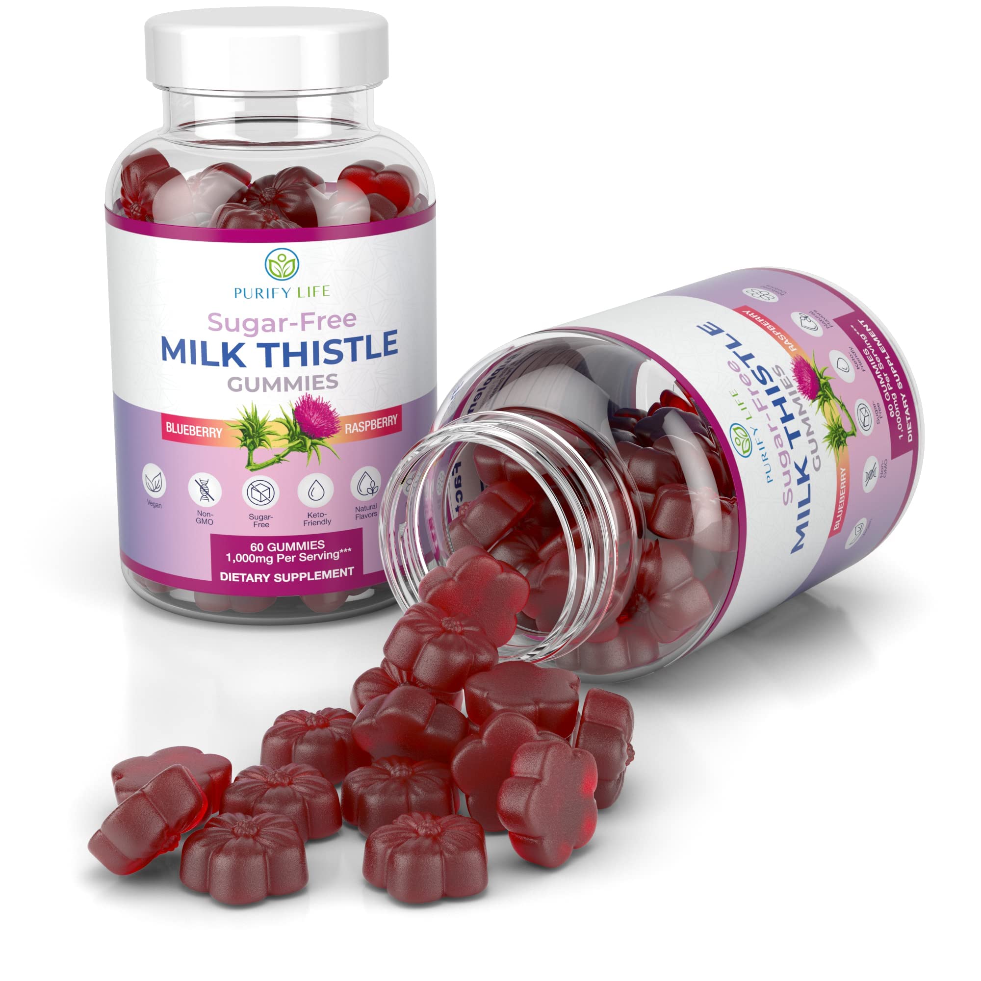Sugar-Free Milk Thistle Gummies for Liver Detox & Repair – Blueberry-Raspberry Flavor (Vegan Cardo Mariano)