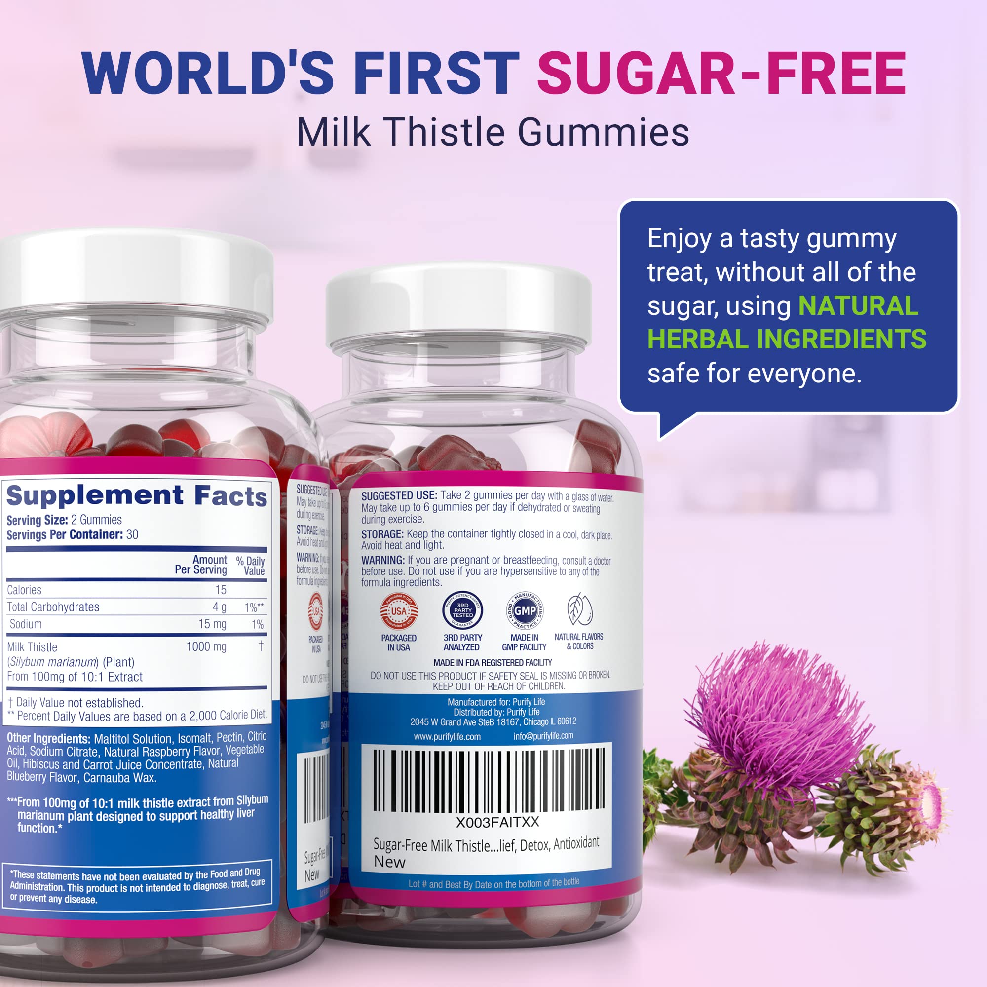 Sugar-Free Milk Thistle Gummies for Liver Detox & Repair – Blueberry-Raspberry Flavor (Vegan Cardo Mariano)