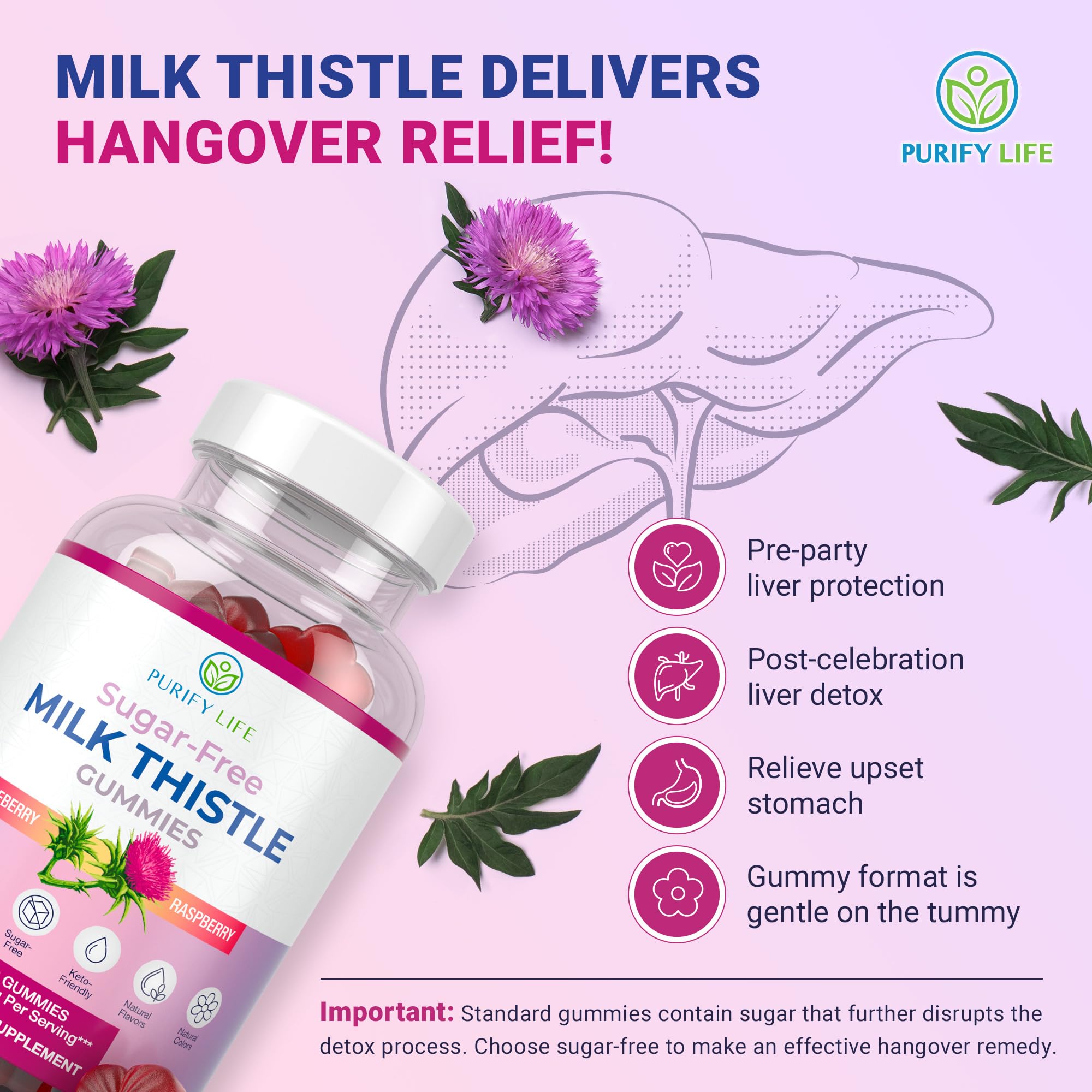 Sugar-Free Milk Thistle Gummies for Liver Detox & Repair – Blueberry-Raspberry Flavor (Vegan Cardo Mariano)
