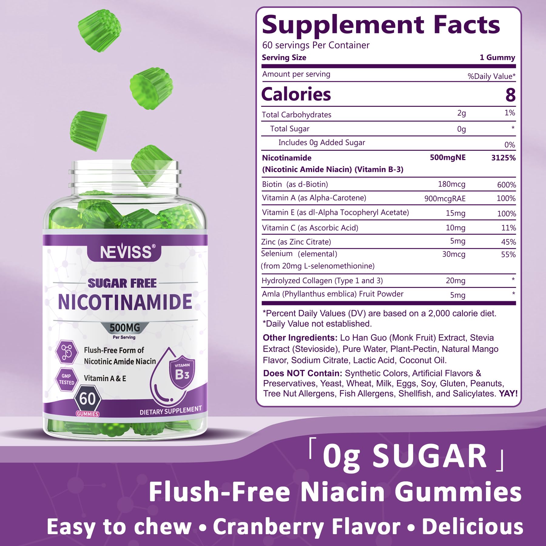 Sugar Free Nicotinamide 500mg Gummies – Flush-Free Vitamin B3 Niacinamide
