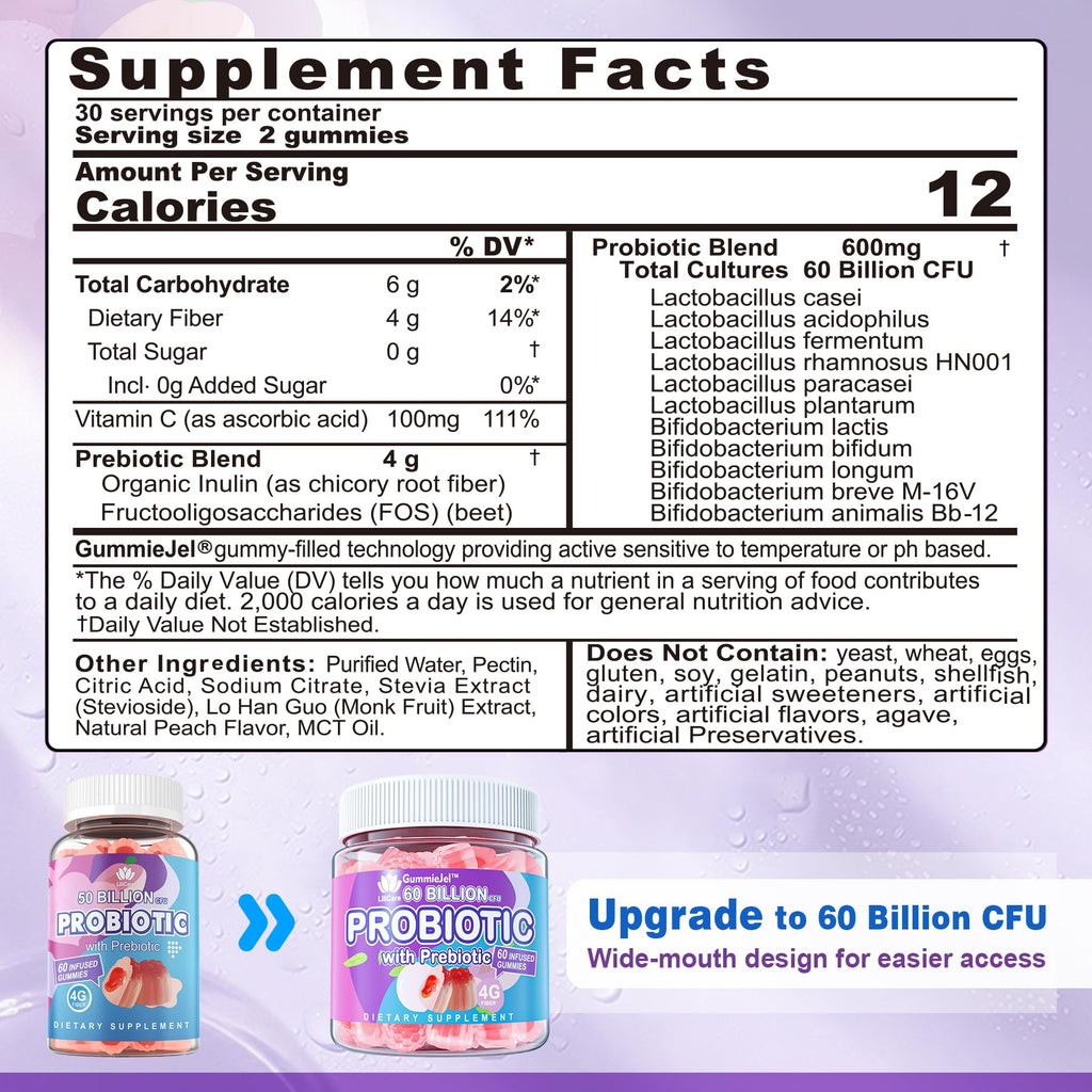 Sugar Free Probiotic Gummies 60B CFU | 11 Strains + Prebiotics Fiber | Peach Flavor
