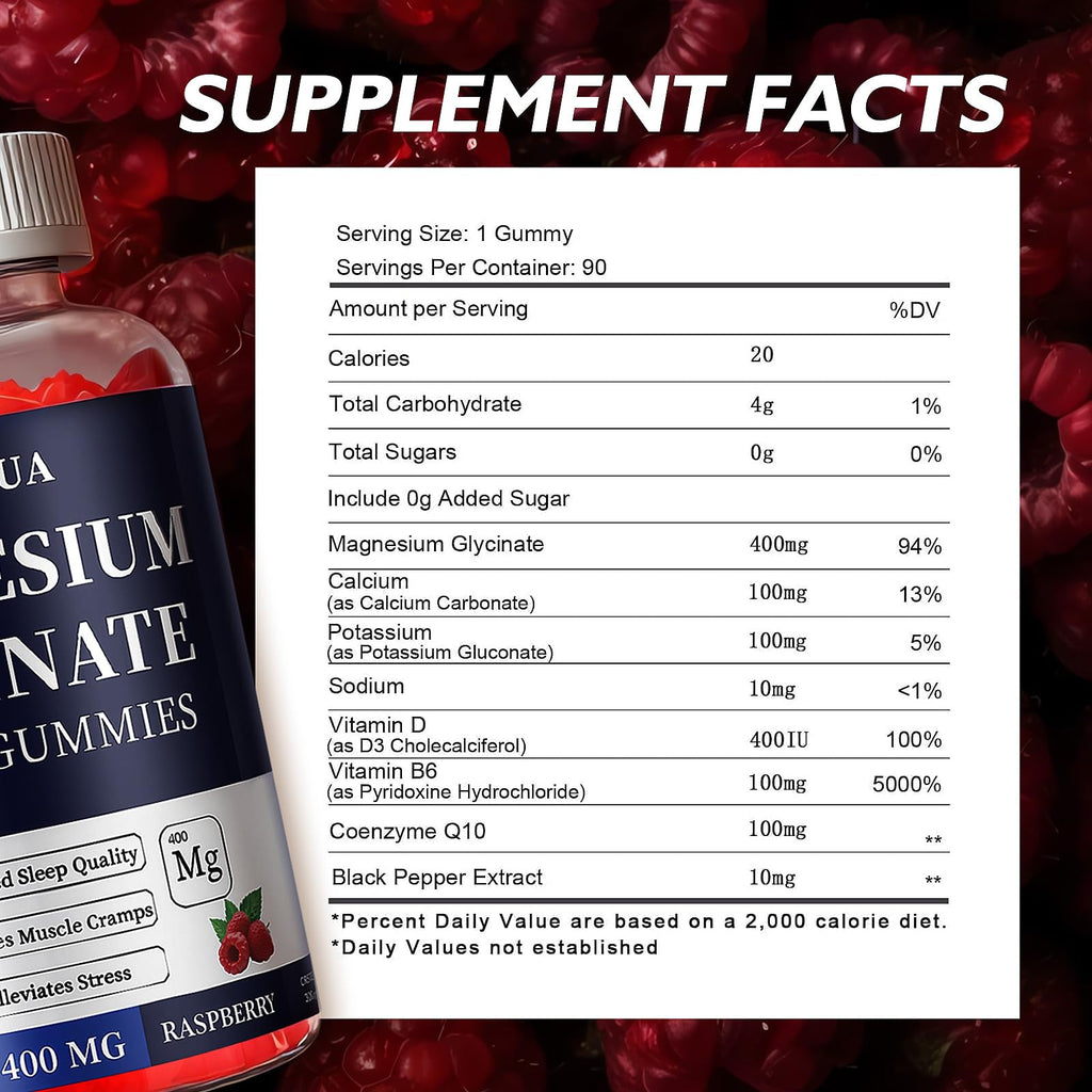 Magnesium Glycinate 400mg Gummies, Sugar Free Magnesium Gummies with Vitamins D, B6 for Sleep Support, Stress and Muscle Relief for Men and Women, 90 Count