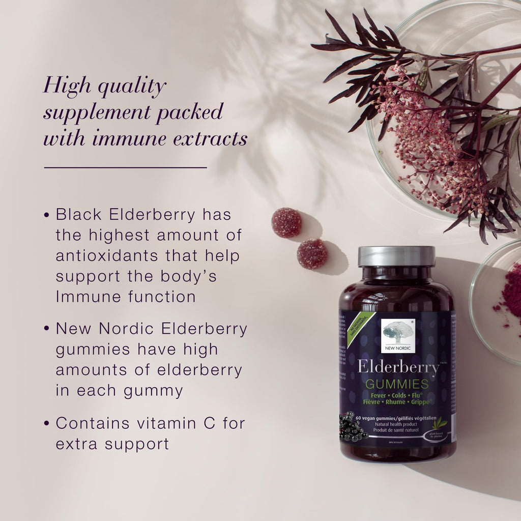 NEW NORDIC Elderberry Vegan Gummies - Sugar Free Immune Support with Vitamin C (Adults & Kids 4+) 60 Count