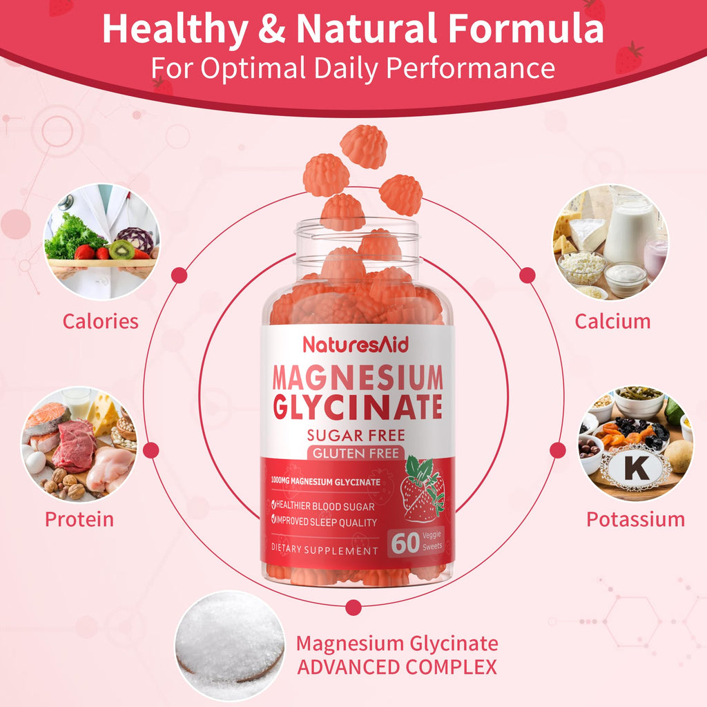 Magnesium Glycinate Gummies 1000mg – Sugar-Free Magnesium, Potassium with Vitamin D, B6, CoQ10 | 60 Strawberry Gummies