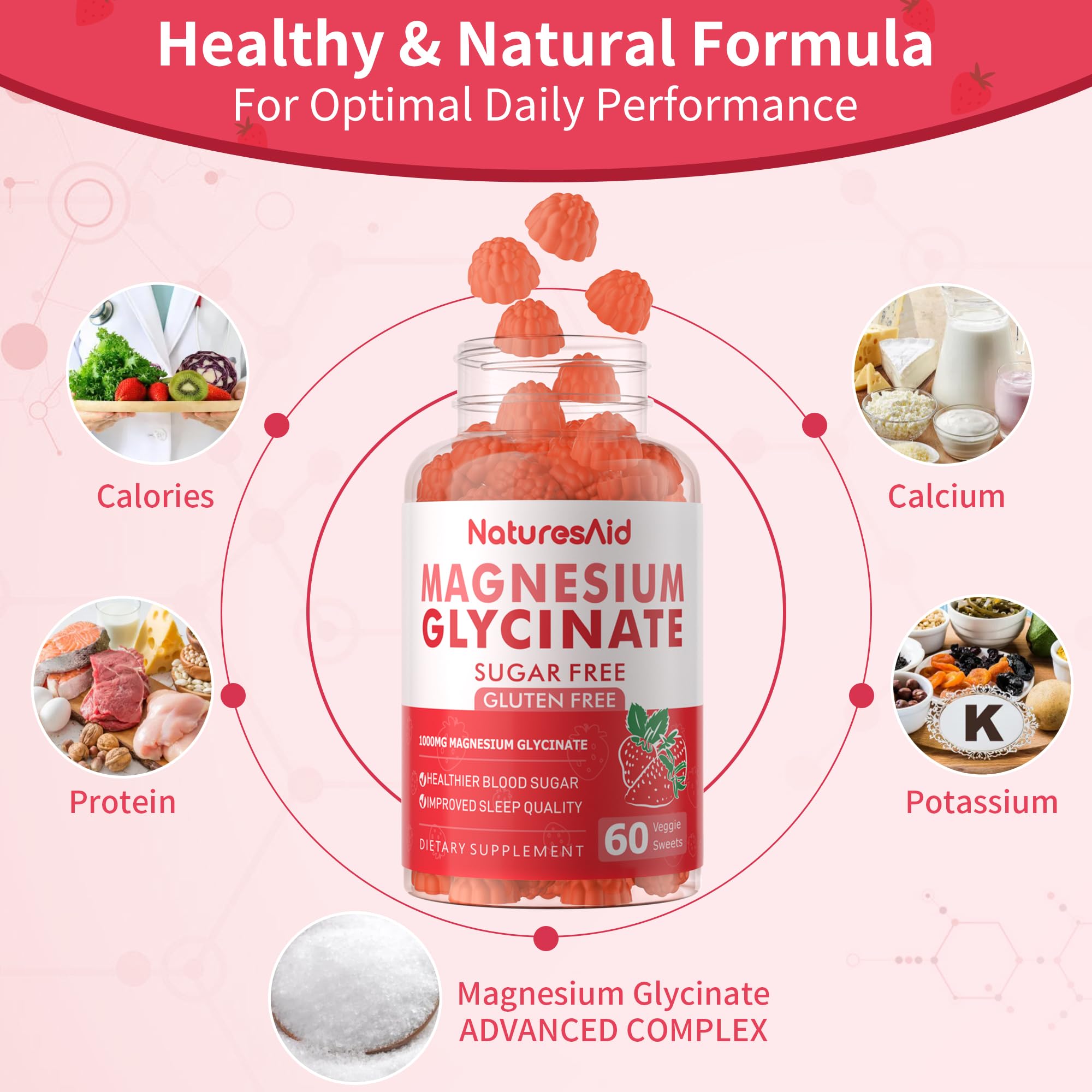 Magnesium Glycinate Gummies 1000mg – Sugar-Free Magnesium, Potassium with Vitamin D, B6, CoQ10 | 60 Strawberry Gummies