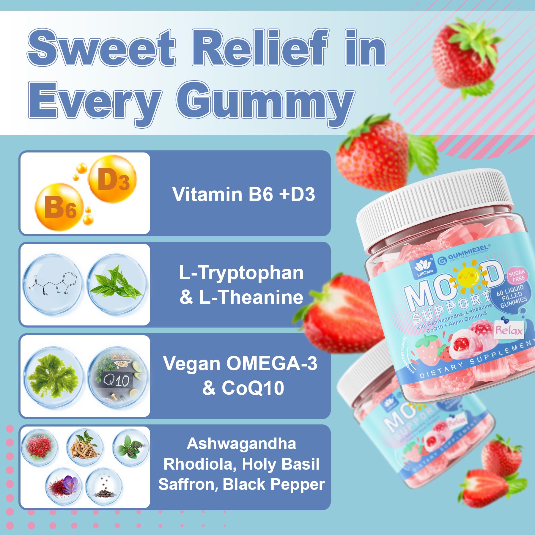 Sugar Free Ashwagandha Calm Gummies | L-Theanine, Vitamin D3, Vegan Omega-3