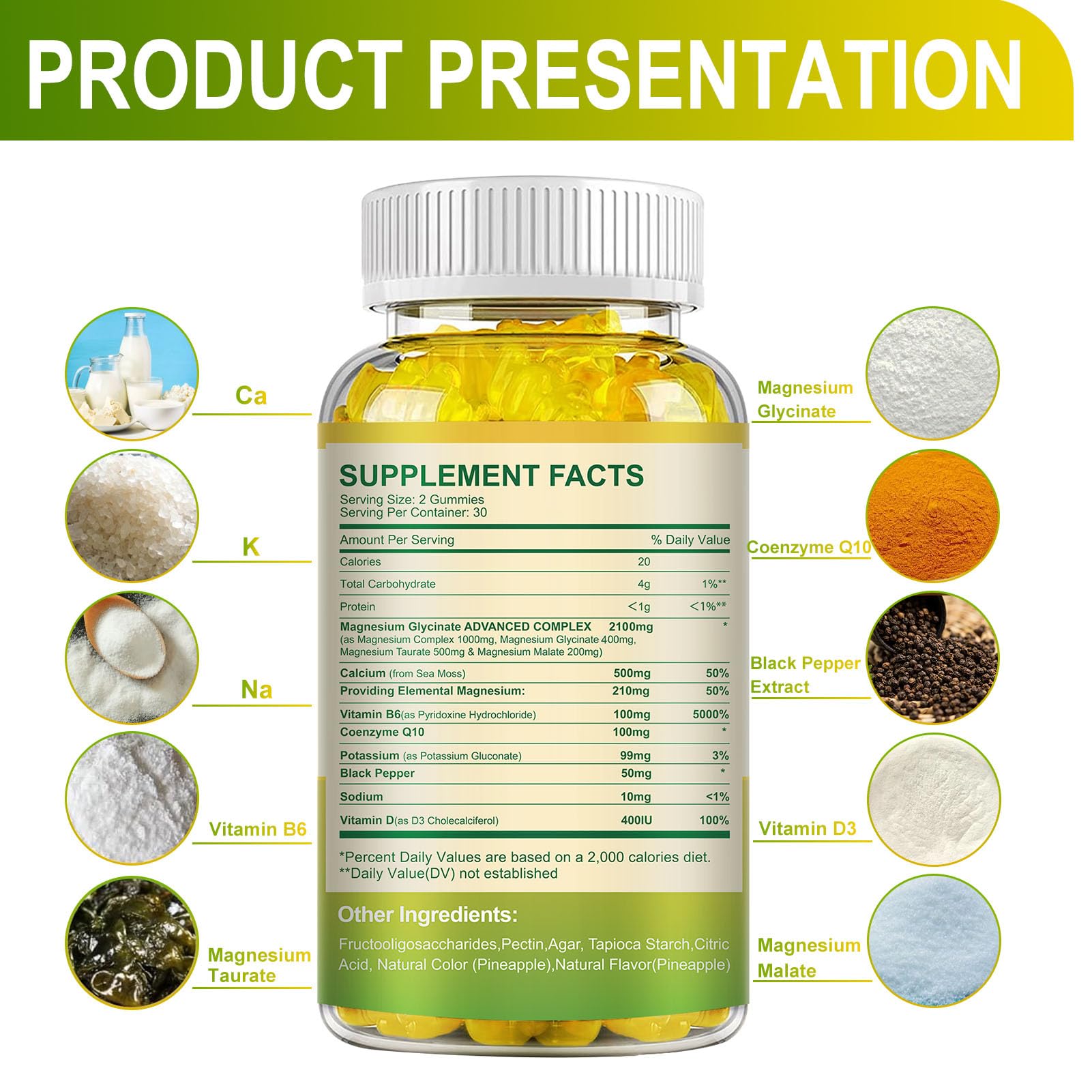 Magnesium Glycinate Gummies 400mg + Taurate, Sugar Free Pineapple - 60 Gummies with Vitamin D, B6, CoQ10 | Sleep & Relaxation