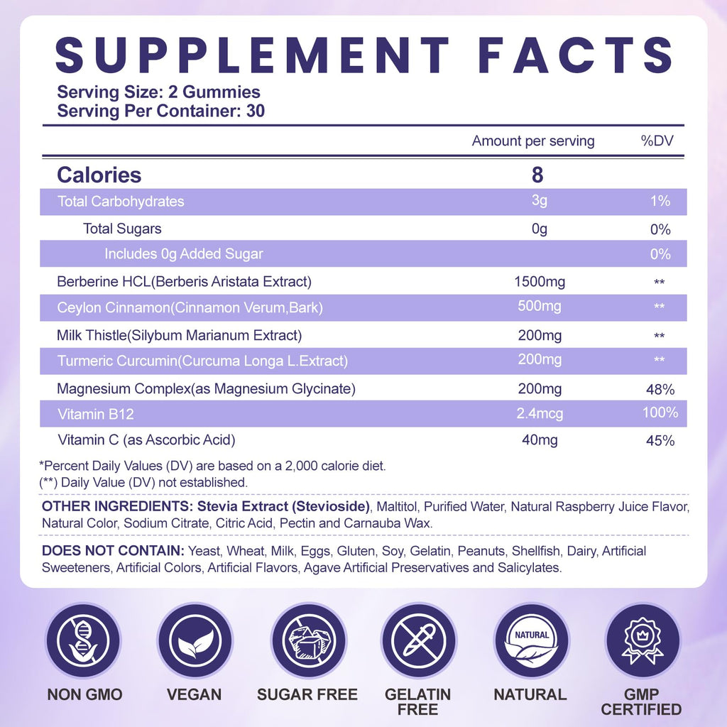 SugrGumi Berberine Gummies 1500mg – Vegan Sugar-Free Non-GMO | Immune & Metabolism Support | Raspberry