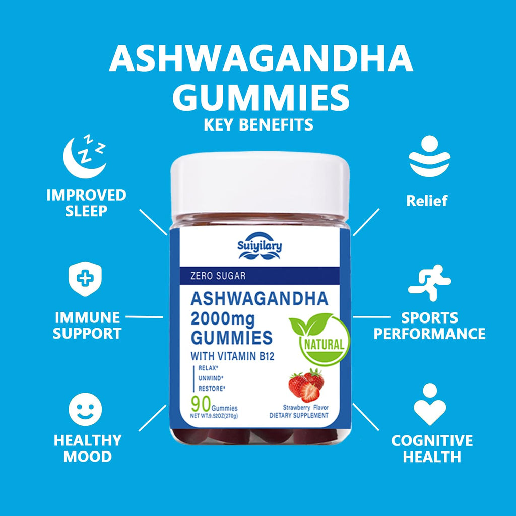 Suiyilary Ashwagandha Gummies 2000mg - High-Strength Root Extract with Vitamin B12 | Strawberry Flavor