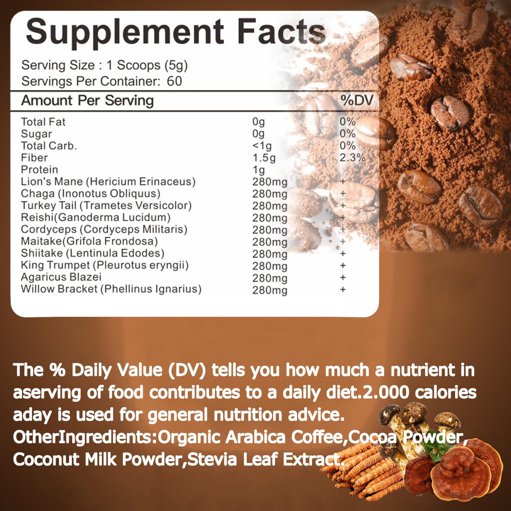 Suiyilary Mushroom Coffee - 10 Mushroom Extract Blend for Energy, Focus & Immunity (300g)