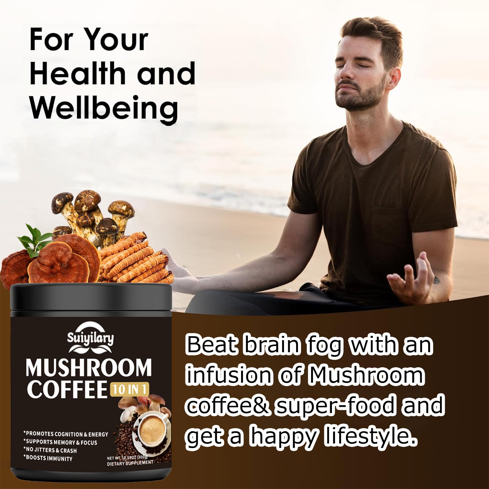 Suiyilary Mushroom Coffee - 10 Mushroom Extract Blend for Energy, Focus & Immunity (300g)