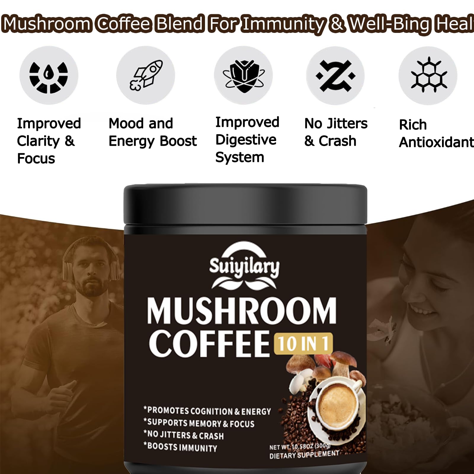Suiyilary Mushroom Coffee - 10 Mushroom Extract Blend for Energy, Focus & Immunity (300g)